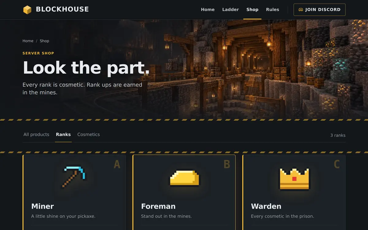 The Shop page of the Prison template with the heading Look the part, tabs for All products, Ranks and Cosmetics, and rank cards named Miner, Foreman and Warden