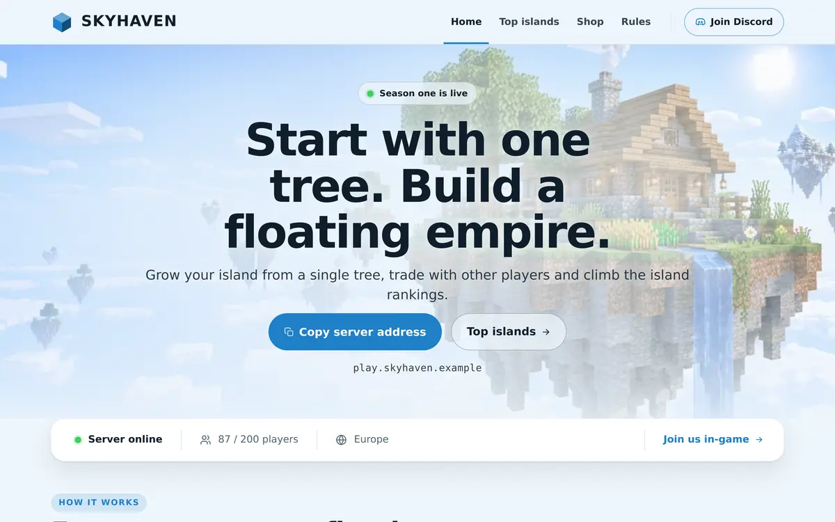 The Skyblock template home page with a light sky hero, a floating island with a house and a waterfall, a server status bar and the start of a How it works section