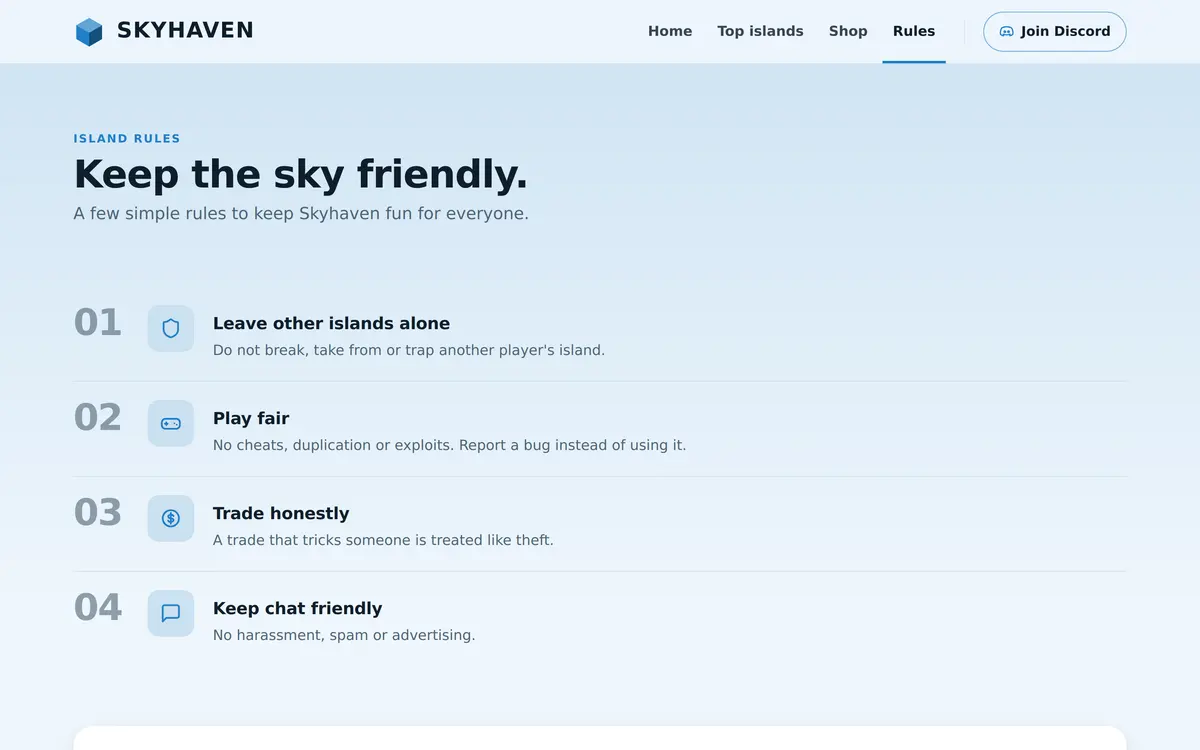 The Skyblock template rules page with the heading Keep the sky friendly and four numbered island rules