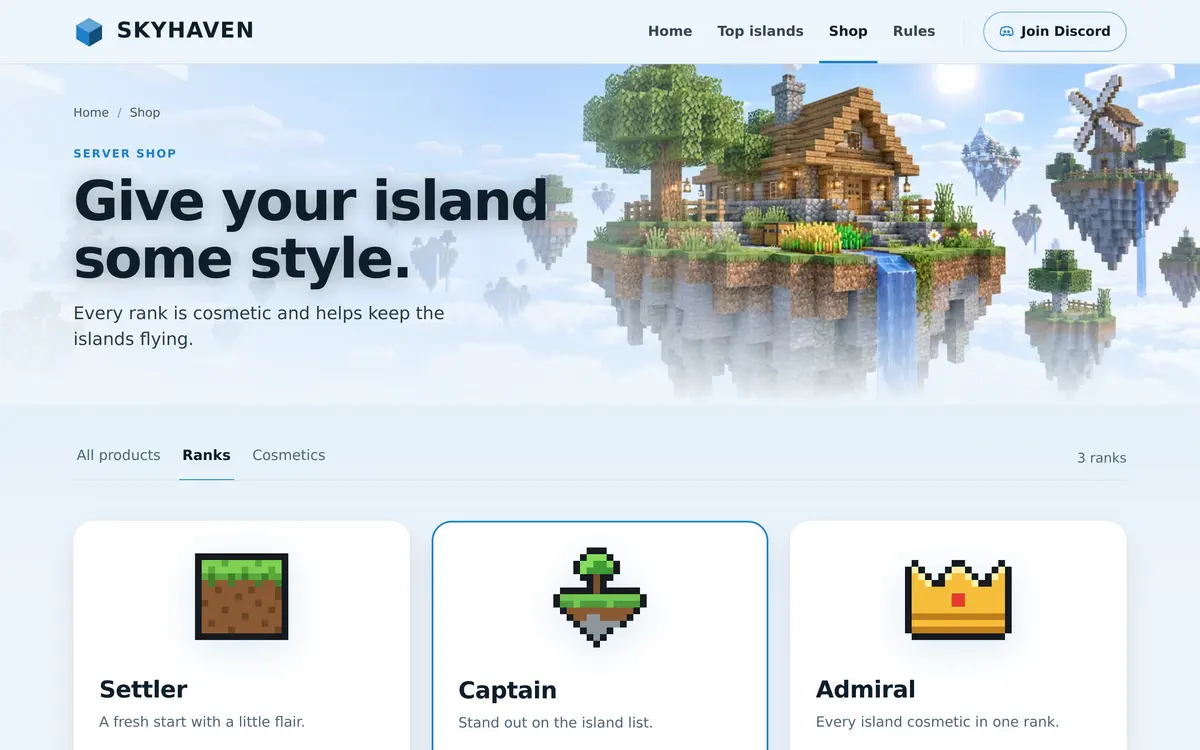 The Skyblock template shop page with the heading Give your island some style and three island rank cards named Settler, Captain and Admiral