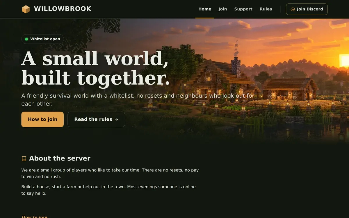 The SMP template home page with a warm sunset hero over a small village, the heading A small world, built together., and buttons for How to join and Read the rules