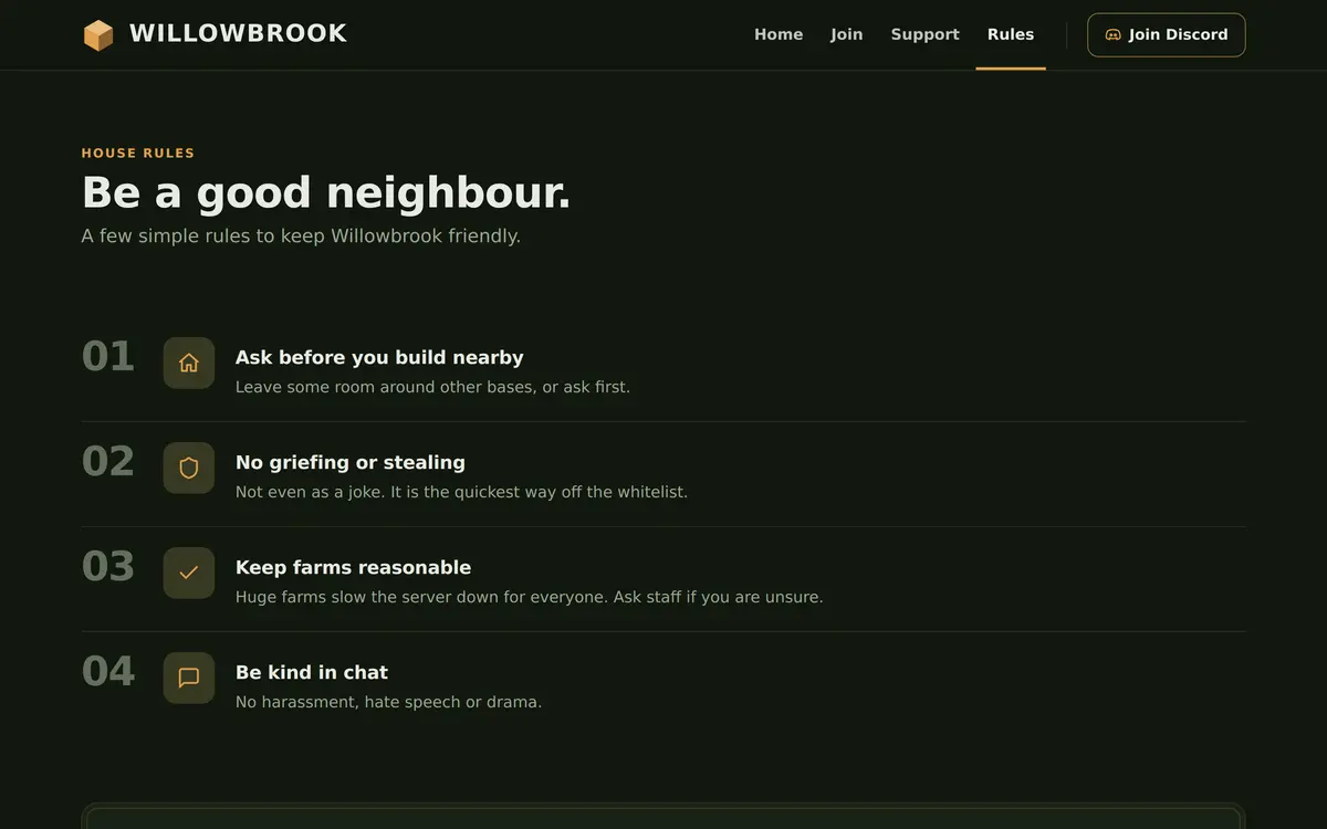 The Rules page of the SMP template with the heading Be a good neighbour and four numbered house rules starting with Ask before you build nearby
