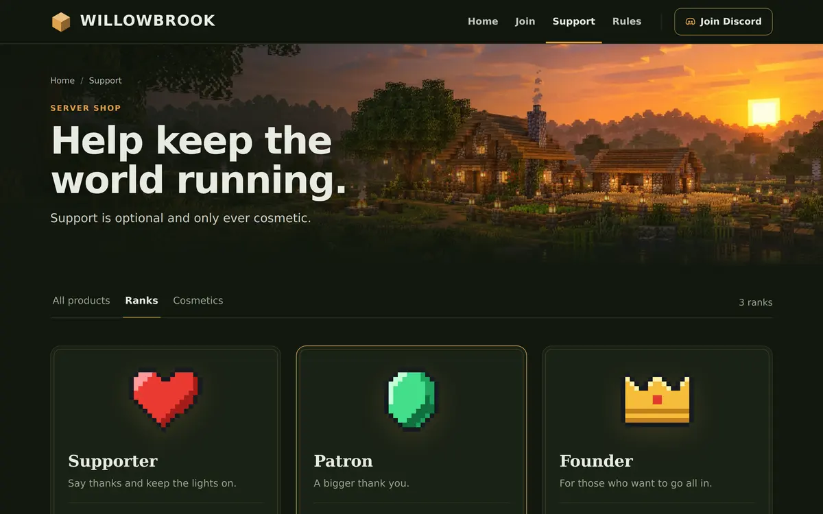 The Support page of the SMP template with the heading Help keep the world running and three cards named Supporter, Patron and Founder