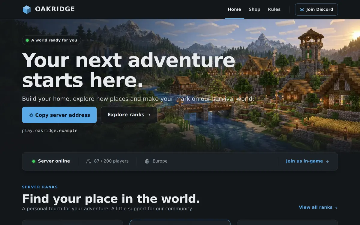The Survival template home page with a hero reading Your next adventure starts here over a village at dusk, two buttons and a server status bar showing 87 of 200 players