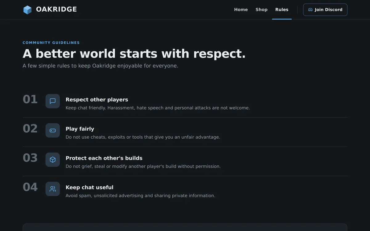 The Survival template rules page with the heading A better world starts with respect and four numbered rules about respect, fair play, builds and chat