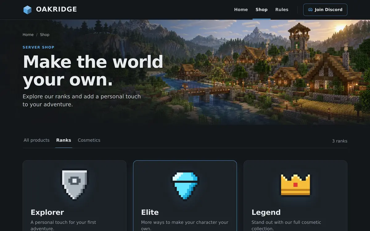 The Survival template shop page with the heading Make the world your own, tabs for All products, Ranks and Cosmetics, and three rank cards
