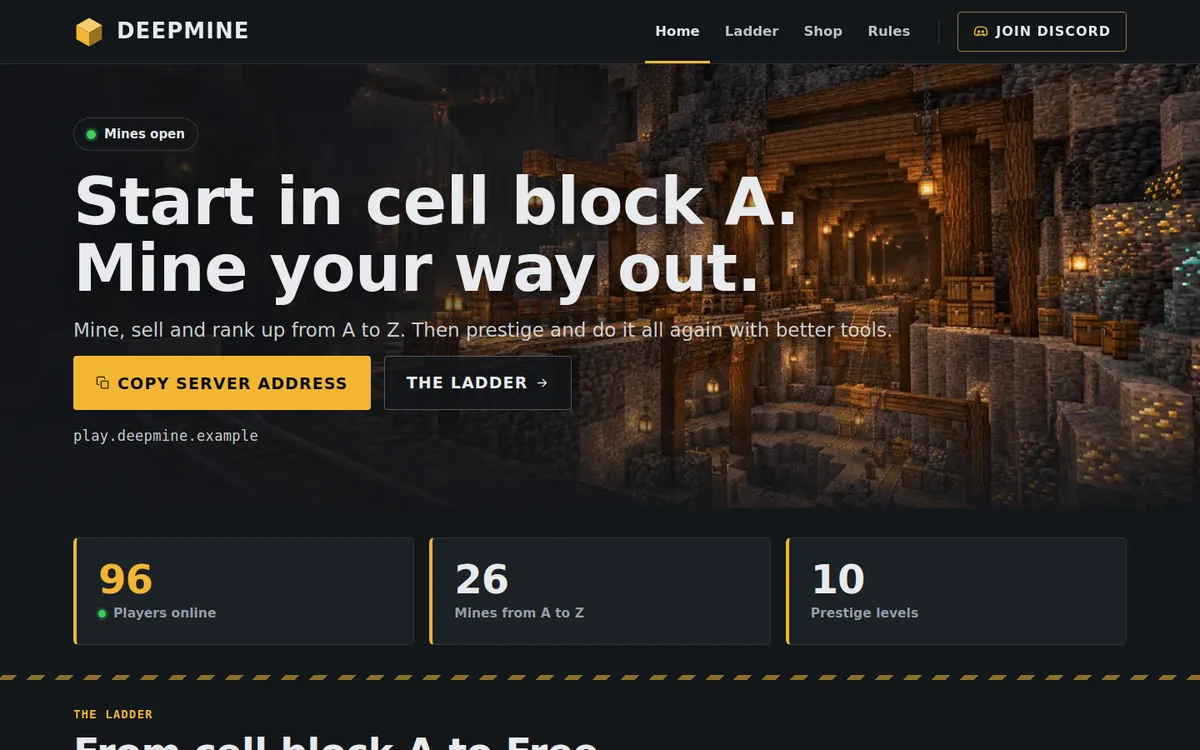 Template Prison per il sito di un server Minecraft con una miniera illuminata da lanterne, giocatori online, miniere dalla A alla Z e livelli di prestigio