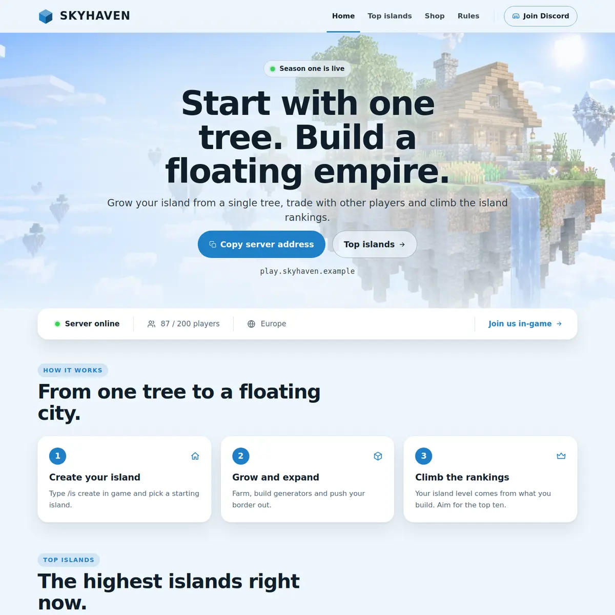 The top of the Skyblock Minecraft server website template: a light blue page with floating islands, the heading Start with one tree. Build a floating empire, and buttons for Copy server address and Top islands