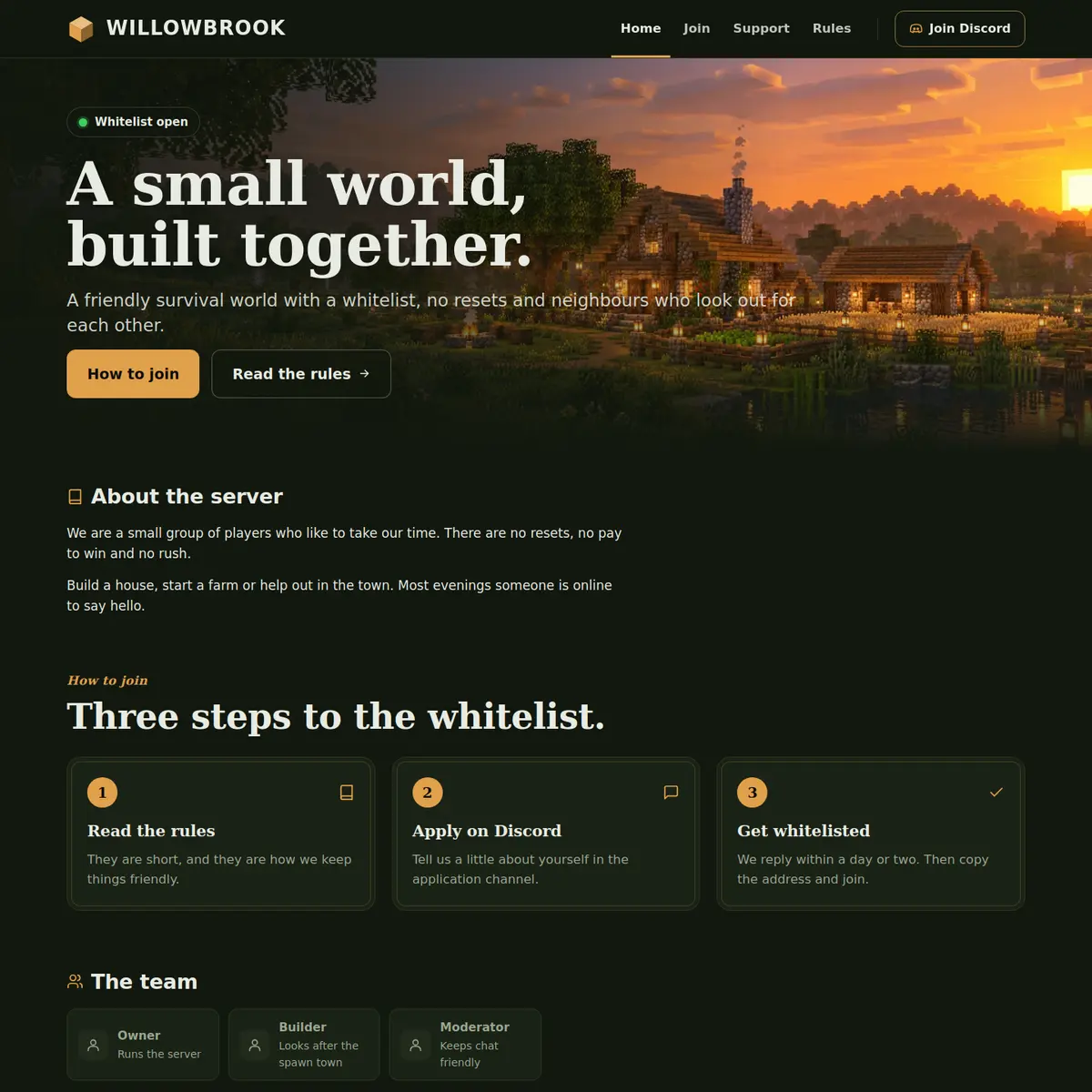 The top of the SMP Minecraft server website template: a village at sunset, the heading A small world, built together., buttons for How to join and Read the rules, an About the server section and three steps to the whitelist
