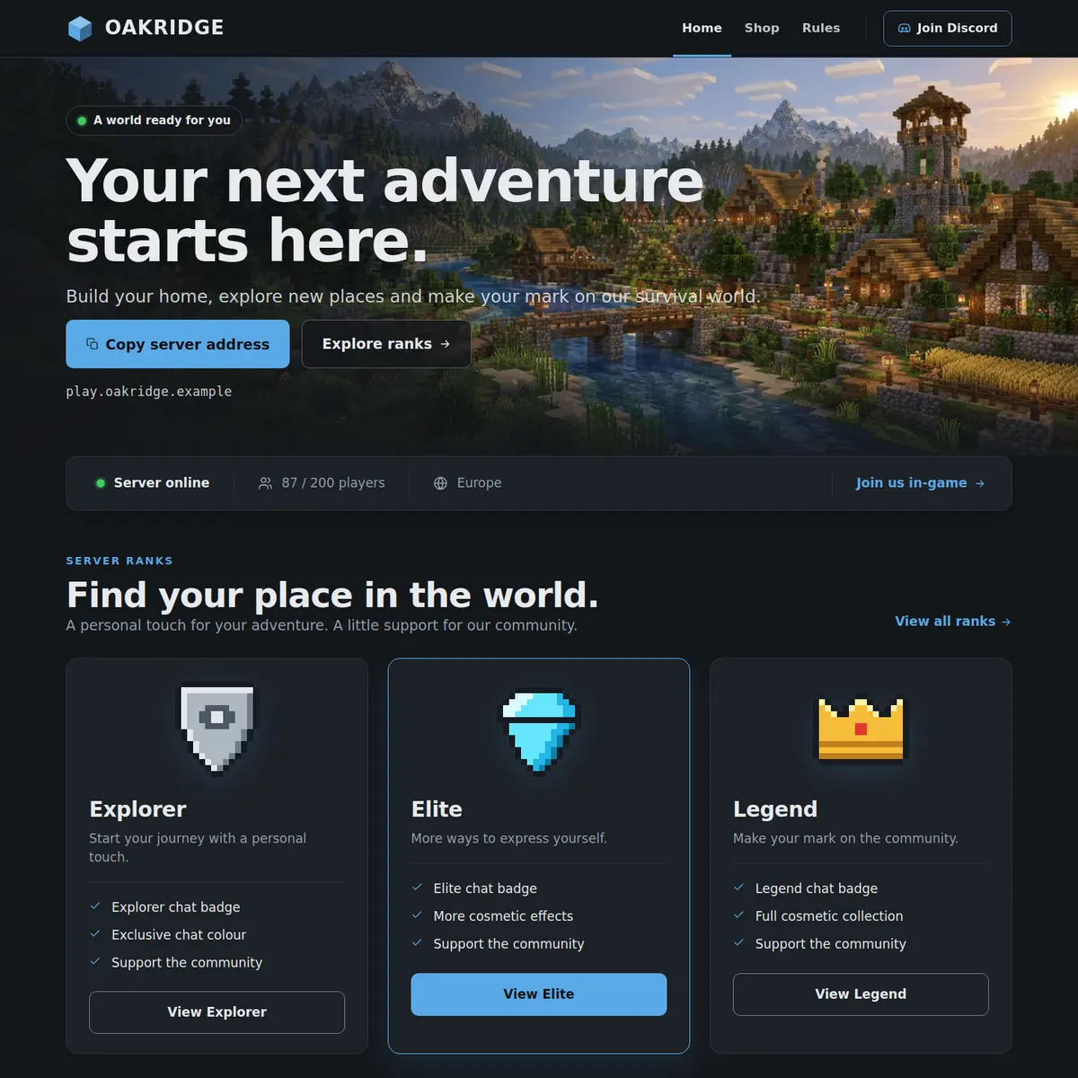 The top of the Survival Minecraft server website template: a navigation bar with Home, Shop and Rules, a hero over a village background with Copy server address, and a server status bar